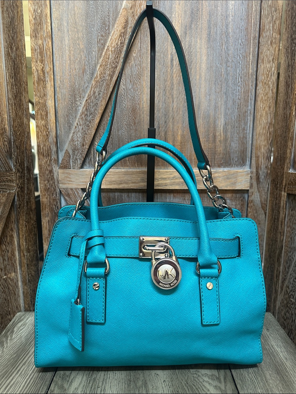 Michael Kors Turquoise Satchel Tote with Silver Padlock & Chain Shoulder Handbag